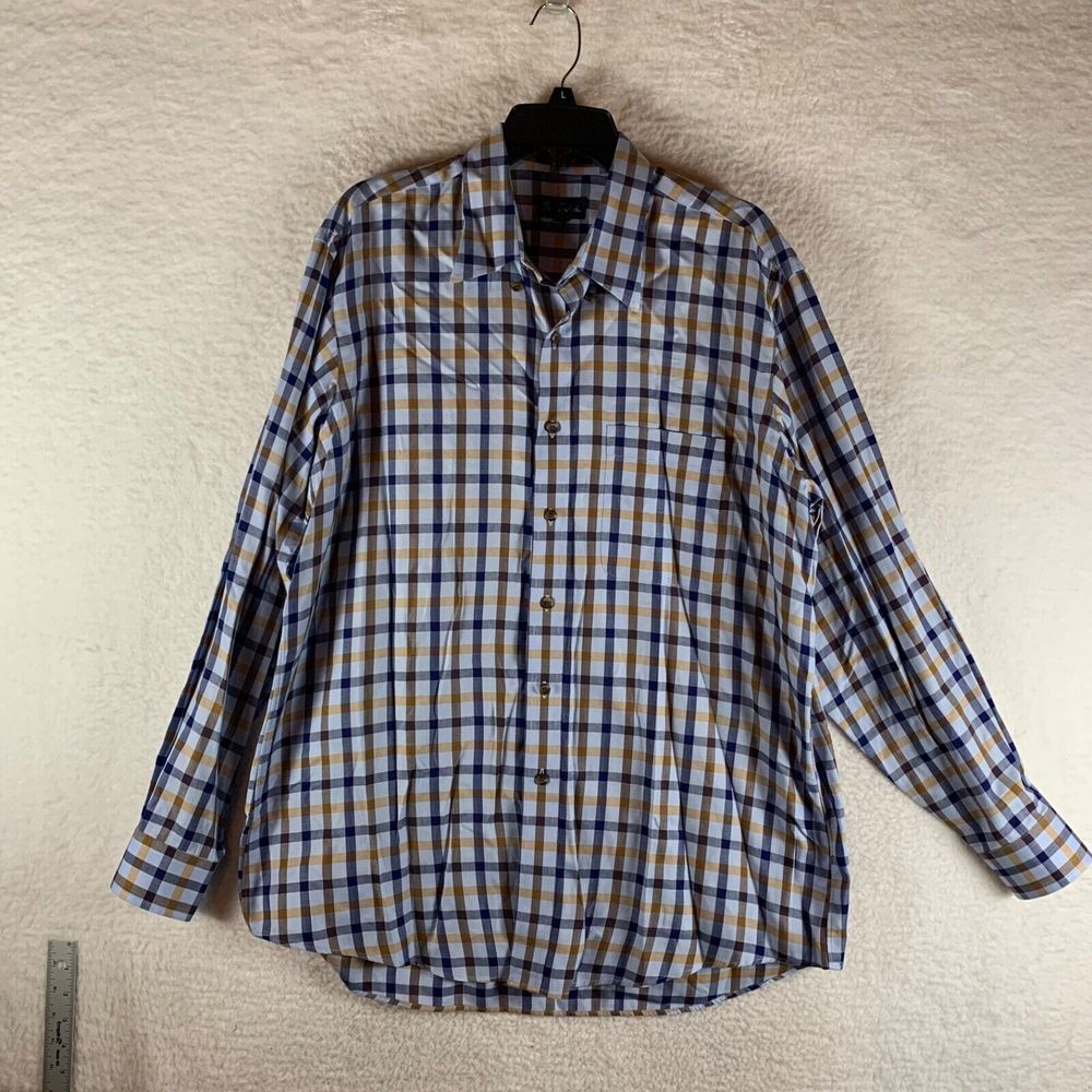 Paul Fredrick Men's Long Sleeve Button Up Blue Plaid Cotton Sport‎ Shirt Size L